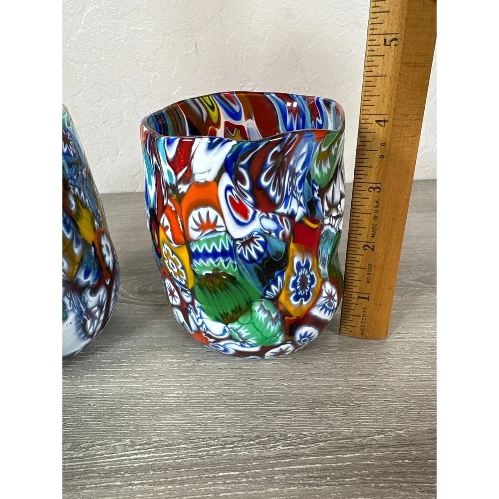 Millefiori Murano Venetian Style Art Glass Tumblers Set of 2 Multi Color Mosaic